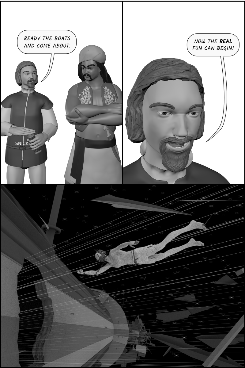 Poison Fruit - Page 5 - Lodovico orders his men to board the crippled galleass.  Bosola is sucked out the hole into space, but catches himself on his neck chain.