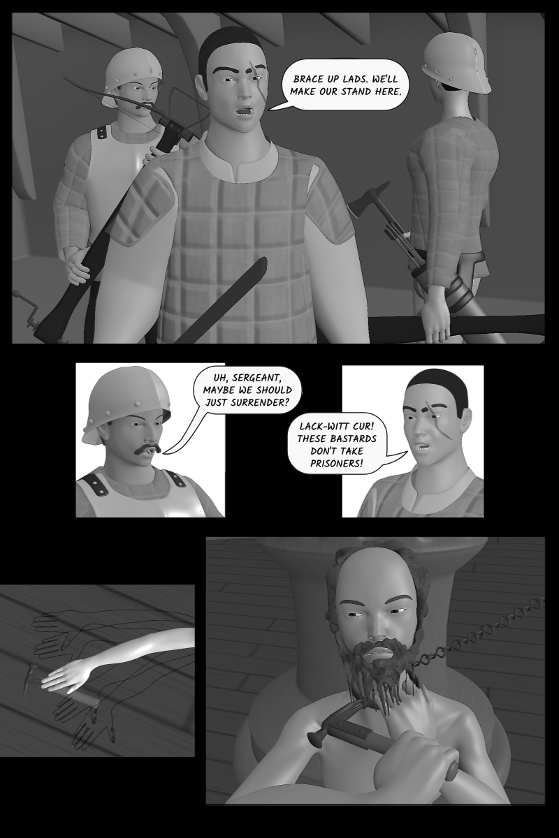 Poison Fruit - Page 8 - The remnants of the galleass' crew decide to make a stand below decks.  Meanwhile, Bosola has managed to get hold of a claw hammer and is trying to pry open his collar.