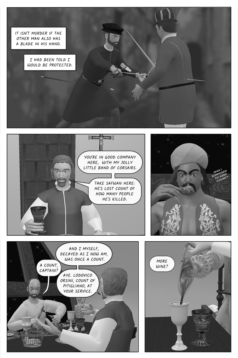 Poison Fruit - Page 14 - Bosola describes the killing that led to his servitude on the galleys.  Lodovico reveals that he used to be Roman count.