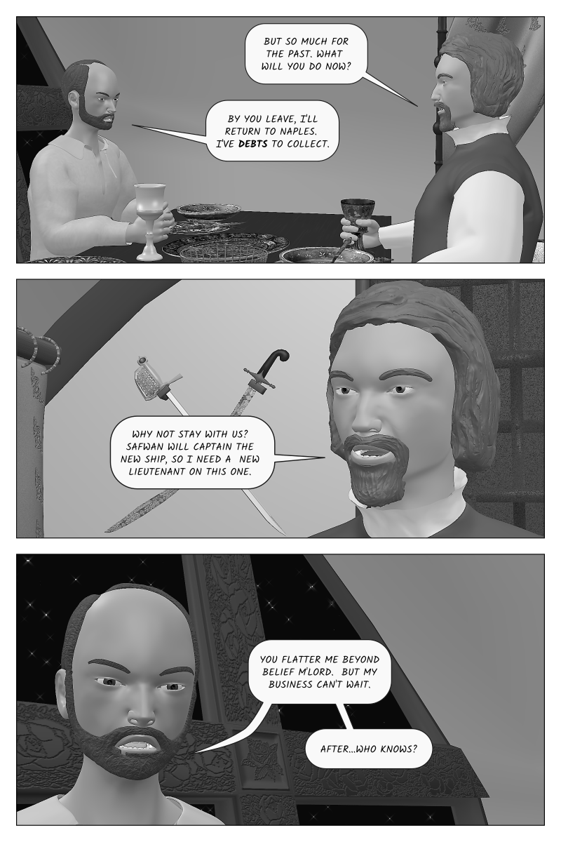 Poison Fruit - Page 17 - Lodovico offers Bosola a position on his pirate crew, but Bosola
       would rather seek justice in the Kingdom of Naples.