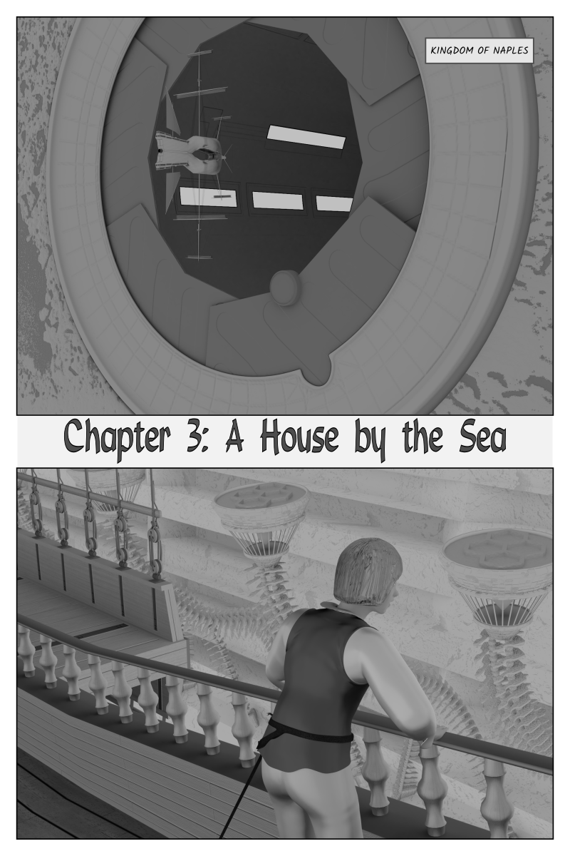 Poison Fruit - Page 32 - Chapter 2: A House By The Sea.  A merchant ship enters a giant airlock.  
    A young lad watches the scenery from the rail.