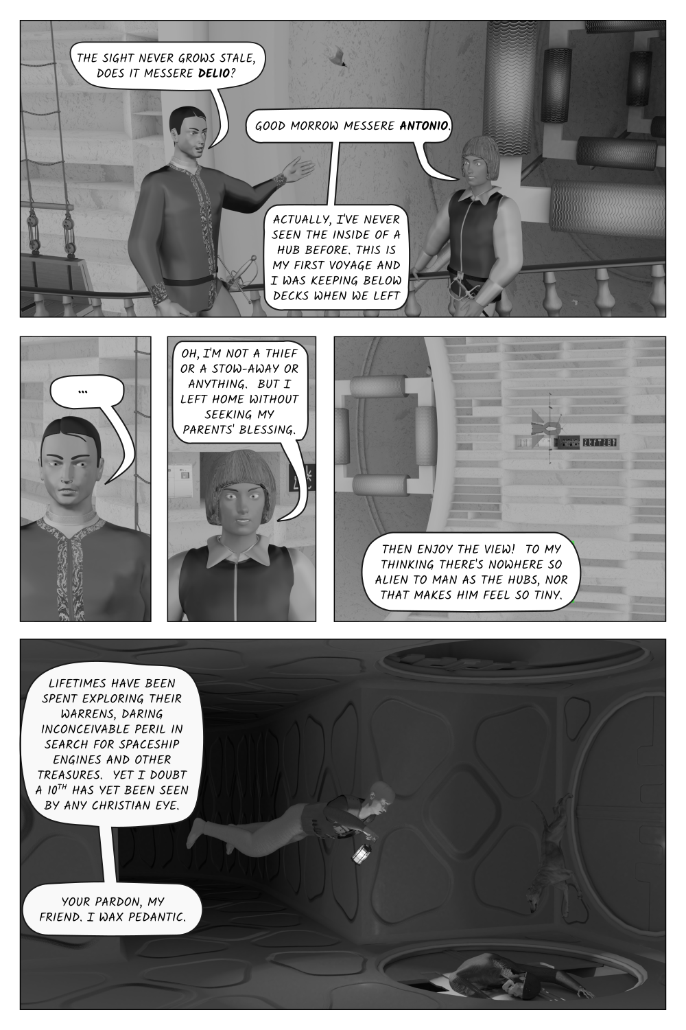 Poison Fruit - Page 33 - Delio tells Antonio that he ran away from home.  Antonio tells how 
    mysterious and dangerous the hubs of the space habitats are.