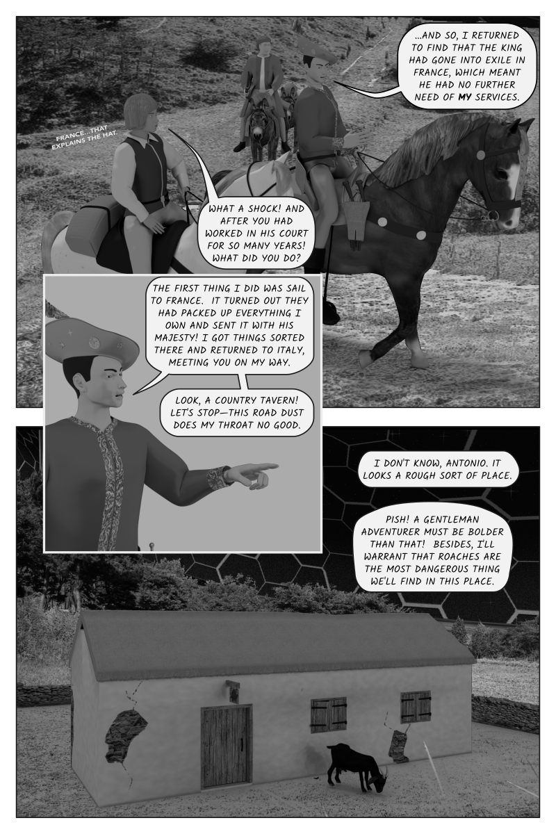Poison Fruit - Page 36 - Antonio and Delio ride towards Amalfi.  Antonio explains how he lost
    	his job as Majordomo for the King of Naples.