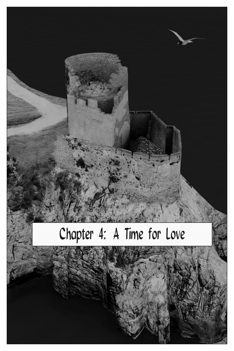 Poison Fruit - Page 55 - Chapter 4: A Time for Love. Aerial shot of a partially 
    	ruined tower on a sea cliff.