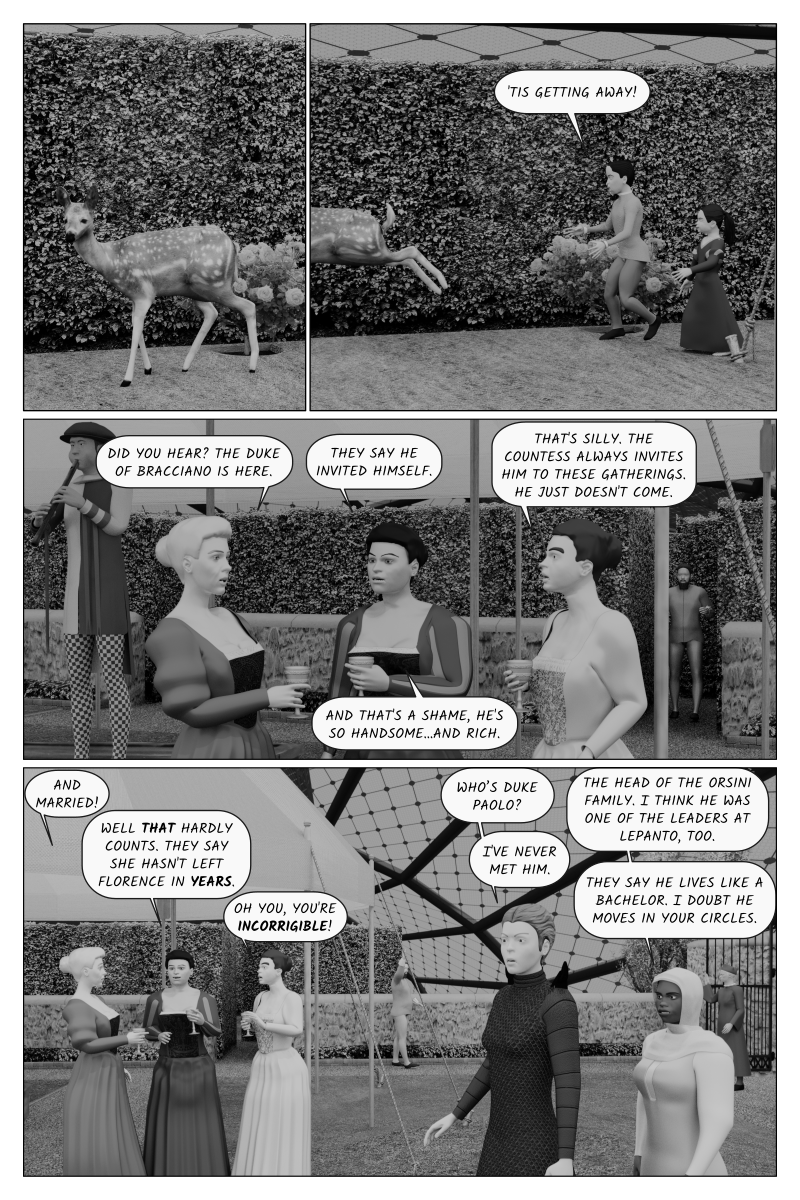 Poison Fruit - Page 66 - Arriving at a fancy garden party, Vittoria overhears gossip about Paolo.