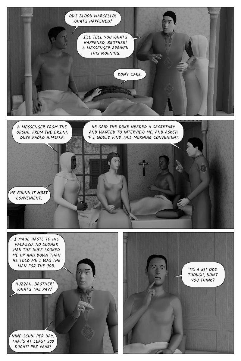 Poison Fruit - Page 71. Marcello and Zanche inform Camillo and Vittoria that Paolo Orsini has unexpectedly
    	offered Marcello a job as his secretary.